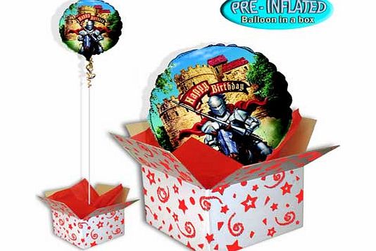 The Valiant Knight Party Balloon in a Box is a pre-inflated 18 inch Balloon. Delivered inflated with helium. decorated with ribbon. in a coloured tissue paper lined box. The balloon has a floatation time of 7 days from date of dispatch. Pre inflated 