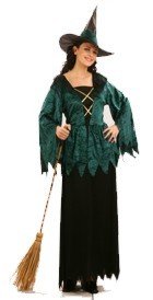 Become an elegant Gothic witch in this long black dress with green top and matching hat. It`s the la