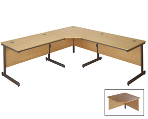 90 degree corner unit attaches to two desks to form a L shape desk combination. Back panels