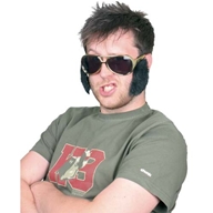 Ridiculous giant  gold rimmed sunglasses with large hairy sideburns pre-attached to the arms to crea