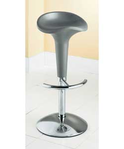 Silver and chrome finish. Diameter of seat 38cm. Height adjustable from 58.5 to 84cm