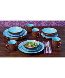 Victoria 16 Piece Pale Blue/Chocolate Stoneware Dinner Set