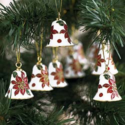 A single poinsettia flower adorns our traditional bells decorated with cloisonn enamel. The
