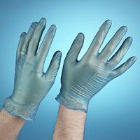 Blue vinyl gloves to protect the rescuer during first aid.