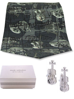 A lovely giftset with a dark grey silk tie with violins all over and matching cufflinks.