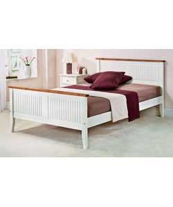 White painted finish with solid Scandinavian pine on top of headboard and foot end. Size (W)147, (L)