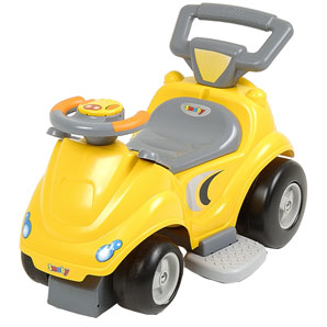 This clever ride-on can be battery or foot operated. A switch and retractable foot rests allow you