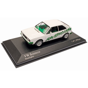A 1/43 scale VW Scirocco Streetfighter diecast replica from Minichamps. This model measures 10cm (4 