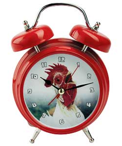 Zeon Tech alarm clock with cockerel alarm sound.Traditional twin bell shape with stylish red enamel 