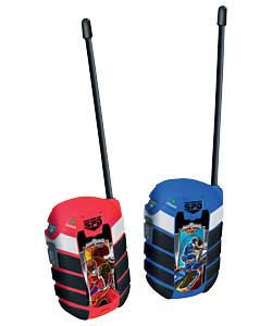 Power Rangers walkie talkie, a belt clip and a flexible safety aerial. Requires 2 x 9V batteries