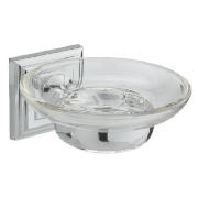 Chrome & clear glass wall mounted soap dish & holder with art deco design.  Includes rust free
