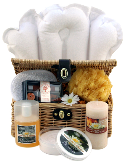 This gorgeous wicker  handled basket with clasp contains everything for a serious home spa