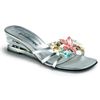 Shimmering metallic strappy mules with distinctive wedged heel detail. Finished with leather floral 