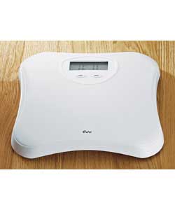 Highly polished white gloss plastic.Large 33mm LCD display.Capacity: 150kg / 23st. 8lb.Tap start,