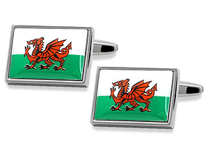 Fly the welsh flag with these great cufflinks. Base metal and rhodium plated.