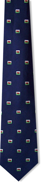 A great navy blue silk tie with lots of little Wales flags.