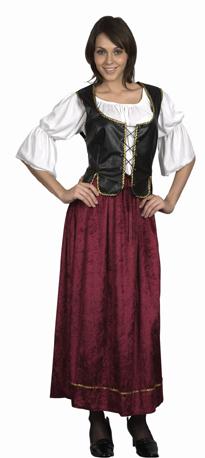 A serving wench style outfit. Burgundy skirt and white top with leather look drawstring waistcoat. O