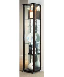 Chipboard with MDF front posts.Colour dark wood/wenge.1 glass display door.4 glass shelves and a bas