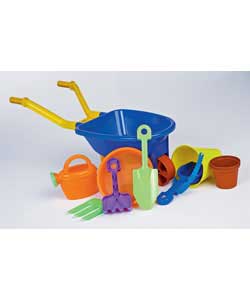 Wheelbarrow with assorted accessories ideal for both the beach and the garden.Injection moulded poly