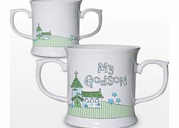 This gorgeous Whimsical Church Godson Mug is sure to be treasured for years to come and makes a lovely keepsake gift for your Godson on his Christening. The white ceramic mug has a funky green and blue themed image on both sides. The image shows a gr