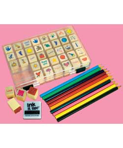 A set of 40 wooden backed mini stamps in a handy s