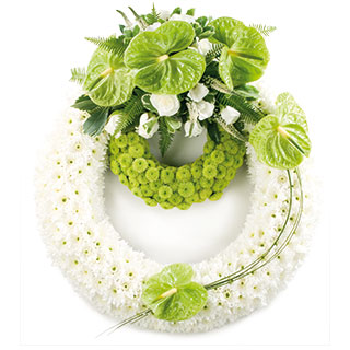 A beautiful massed double wreath in cool peaceful white set off by the zesty lime greens.