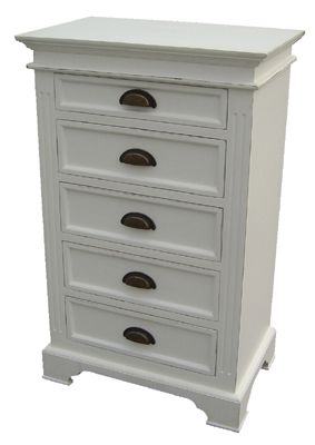 KRISTINA 5 DRAWER CHEST OF DRAWERS IN A DISTRESSED WHITE PAINTED FINISH