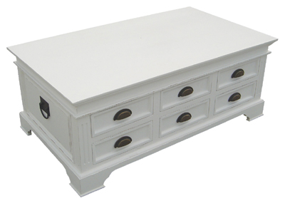 KRISTINA 6 DRAWER COFFEE TABLE IN A DISTRESSED WHITE PAINTED FINISH