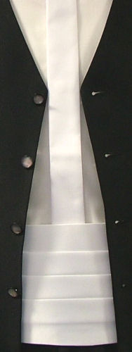 A plain white cummerbund with a stretchable elastic back.