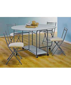 White finish MDF and metal frame table with 4 metal frame upholstered chairs. Size of table (L)135, 