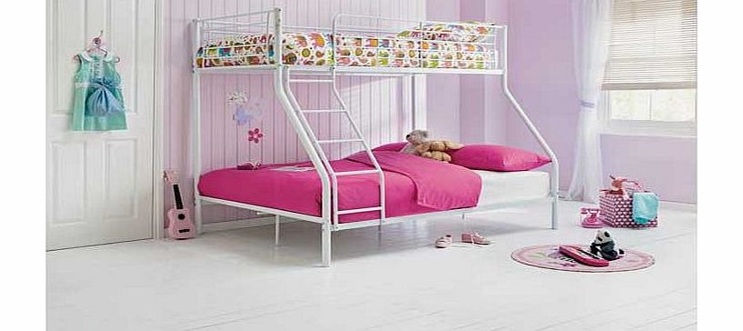 Ideal for sleepovers or making bedtime more adventurous. this triple metal bunk bed. complete with super comfortable Bibby mattresses. is an ideal sleeping solution. Easily sleeping three. this white bunk features a sturdy frame with a metal surround
