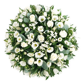 A tranquil and peaceful posy pad tribute a selection of pure white pretty flowers and subtle foliage