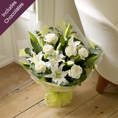 Unbranded White Rose and Lily Hand-tied with Chocolates