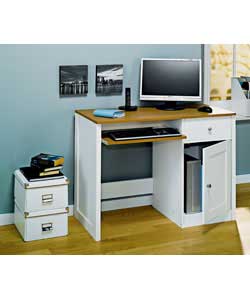 Size (H)73.6, (W)100, (D)50cm.White with oak finish desk top and pull-out keyboard shelf.1 drawer an