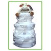 The Three Tier Nappy Cake is beautifully presented on a white cake board, wrapped in cellophane and 