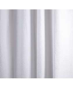 100 polyester.Heavyweight waffle woven polyester with separate white vinyl liner.12 curtain hooks an
