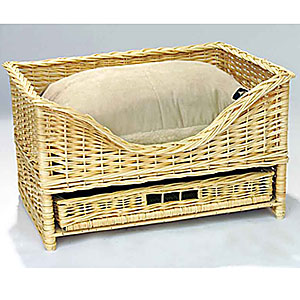 Stylish and practical, handmade wicker dog bed with a large pull out storage drawer for blankets