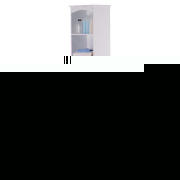 This white wood slated design bathroom tallboy has 3 display shelves and a concealed shelved cabinet