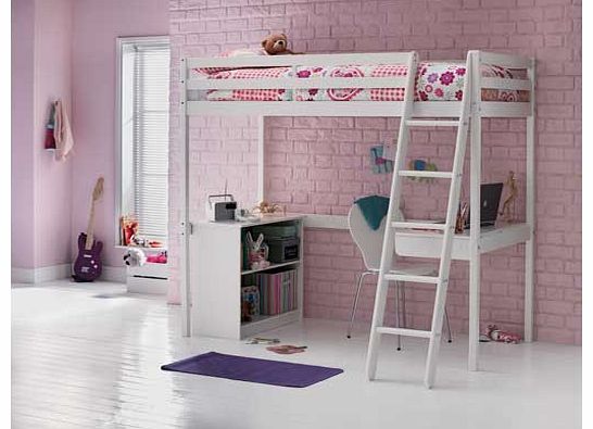 With this gorgeous white high sleeper you get a work space. storage space and a bed all in one package. This high sleeper includes shelves. a desk and a bed with a mattress included. The included Elliott mattress is open coil with medium firmness and