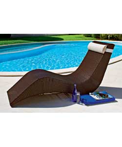 Dark brown colour.Stackable lounger.Polyester pillow filled with 100 sponge   F/R treated.Removable 