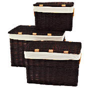 This set of 3 wicker lidded baskets in chocolate brown are an ideal storage solution around the home