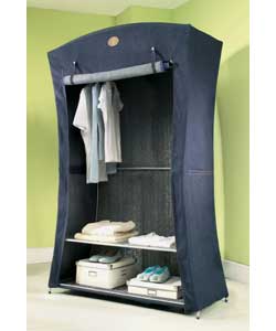 Modern, stylish, free-standing, blue denim covered wardrobe with sturdy silver effect steel tube