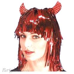 Wig - Red tinsel- sequin devil horns