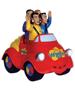 Watch the Wiggles ride in their famous big red car! Just push down on the top and it plays the