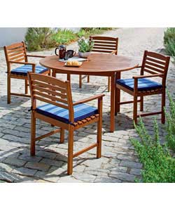 FSC hardwood.Round table size 129 x 129 x 75cm.Chair size 57.5 x 54.5 x 85cm