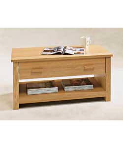 Size (L)100, (W)45, (H)48.2cm.Oak veneer coffee table with 2 drawers.Self assembly: 1 person recomme