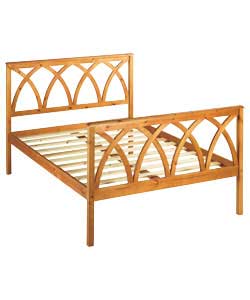 Wooden bedstead in antique pine colour.Overall size (H)112, (W)144.5, (L)198.5 cm. Packed flat for
