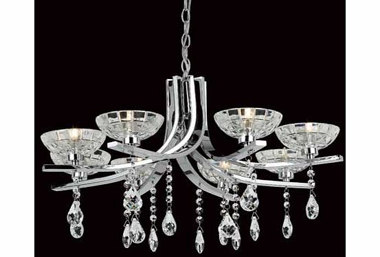 The Windsor Ceiling Fitting is a sophisticated sculpture of curvacious chrome arms holding cut glass sconces and dressed with an abundance of crystal droplets and beads. Size H38. W58. D58cm. Drop 38cm. Diameter 58cm. Suitable for use with low energy