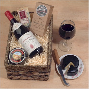 Fine wine  cheese and biscuit selection includes Cotes du Rhone Red Wine 2002 - 75cl;  McKenzies