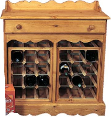 This great looking pine double wine rack with slimline drawer has a fancy pelmet and base and holds